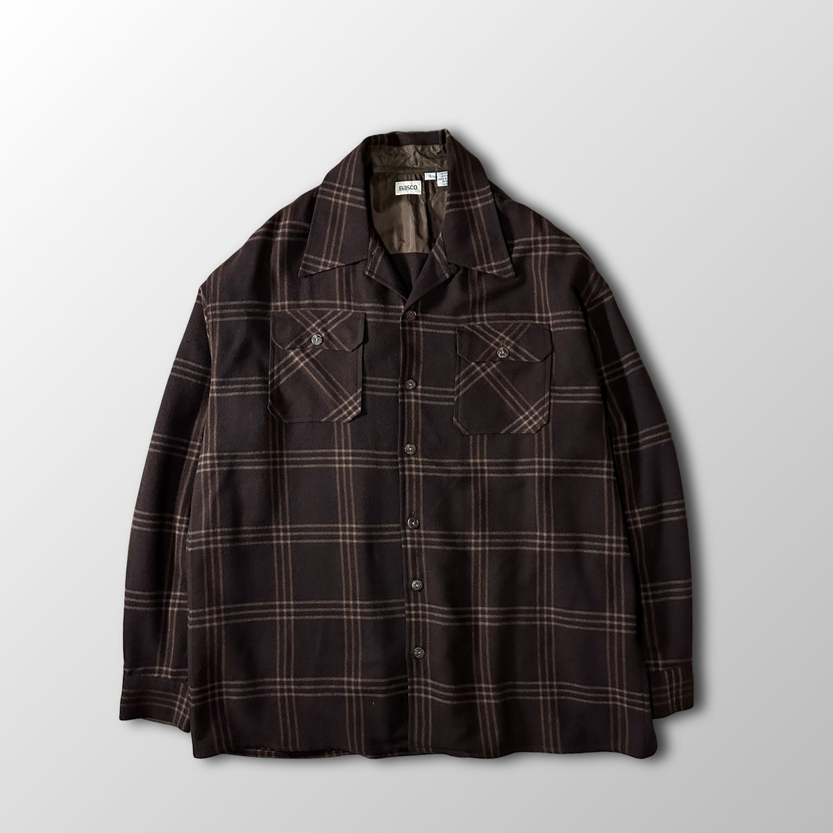 Basco Brown Beige Plaid Wool Rayon Open Collar Shirt Size L