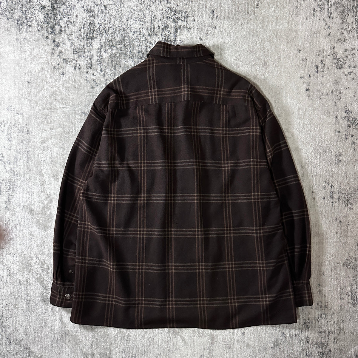 Basco Brown Beige Plaid Wool Rayon Open Collar Shirt Size L