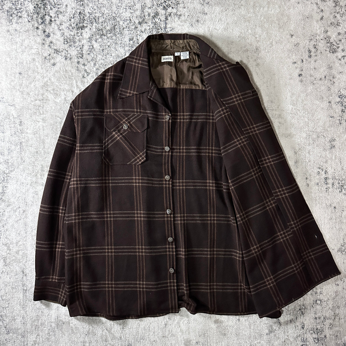 Basco Brown Beige Plaid Wool Rayon Open Collar Shirt Size L