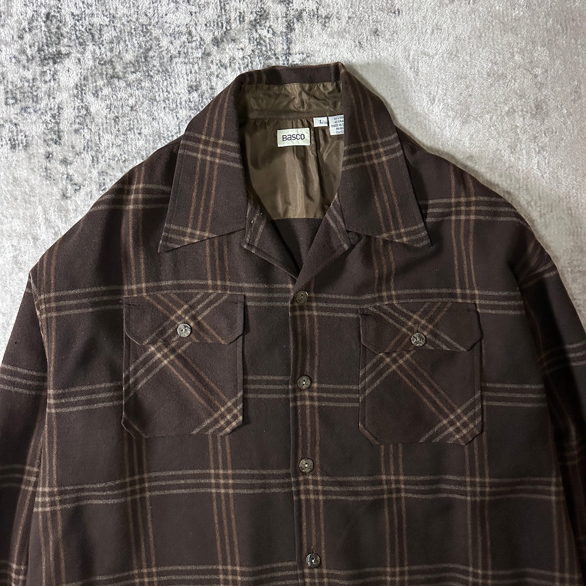 Basco Brown Beige Plaid Wool Rayon Open Collar Shirt Size L
