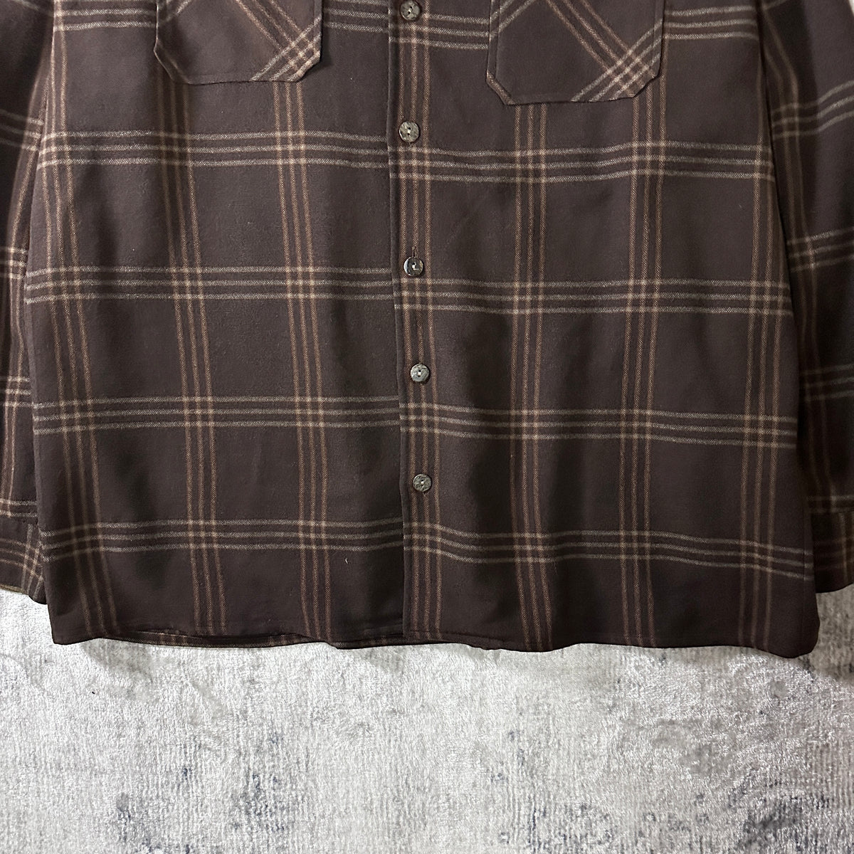 Basco Brown Beige Plaid Wool Rayon Open Collar Shirt Size L