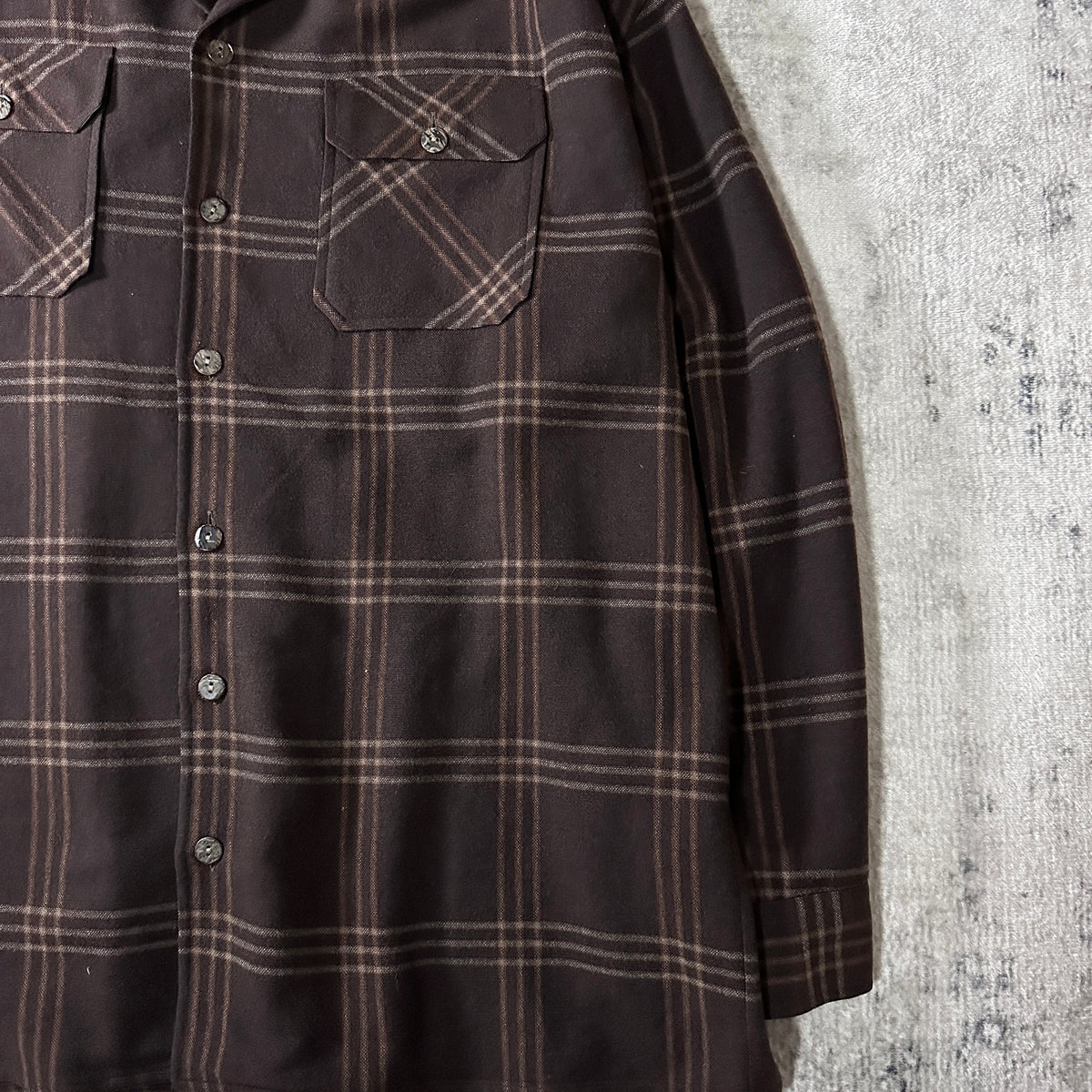 Basco Brown Beige Plaid Wool Rayon Open Collar Shirt Size L