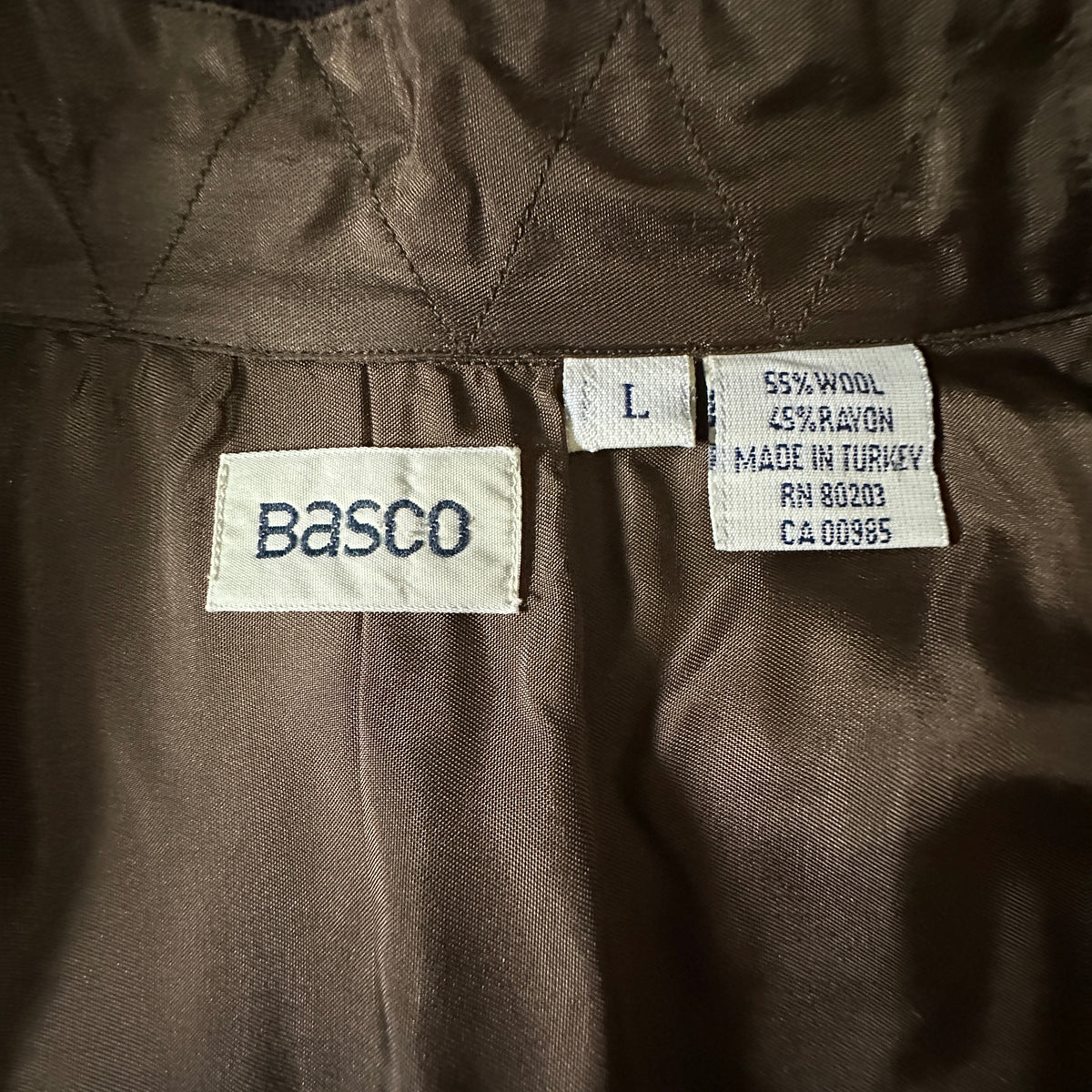 Basco Brown Beige Plaid Wool Rayon Open Collar Shirt Size L