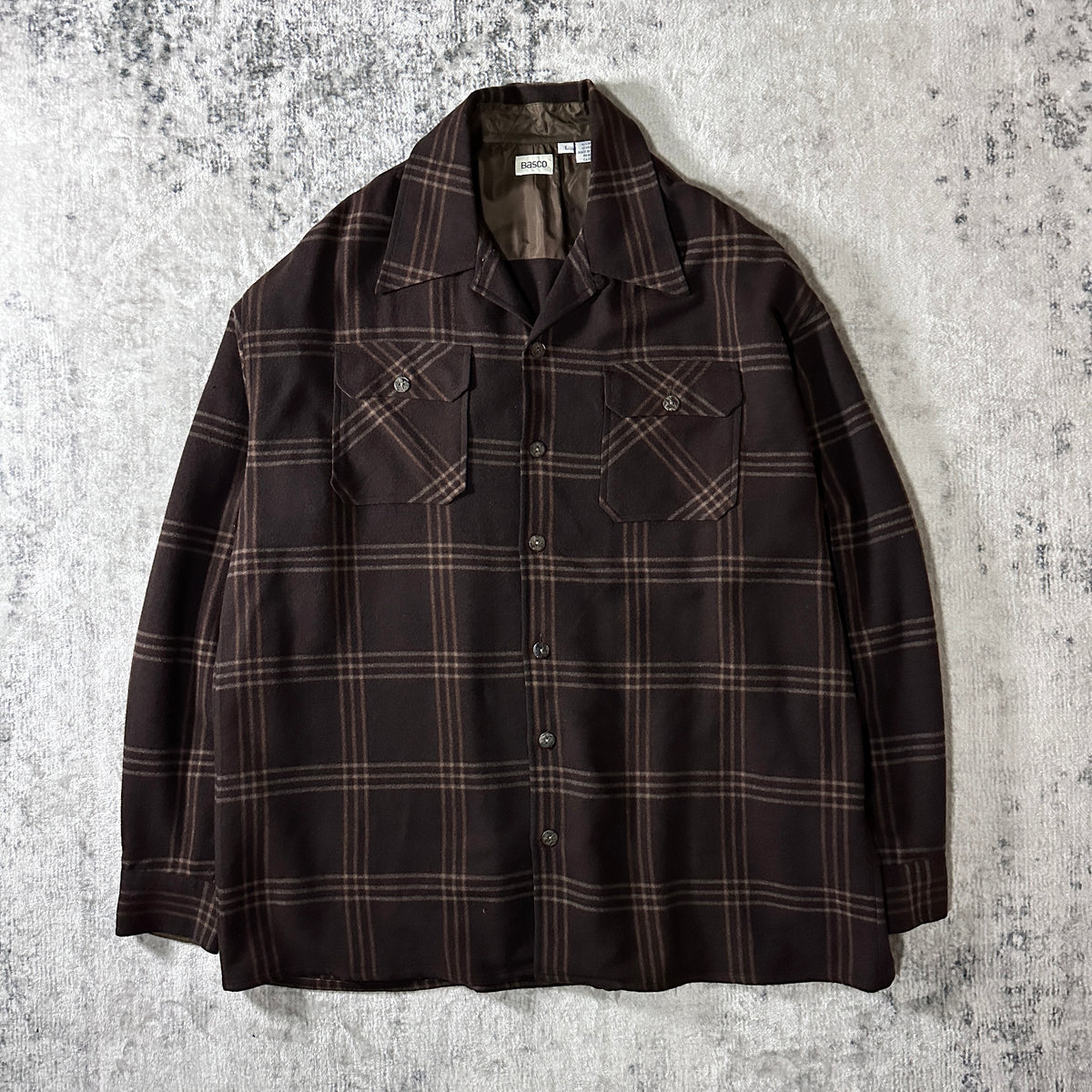 Basco Brown Beige Plaid Wool Rayon Open Collar Shirt Size L