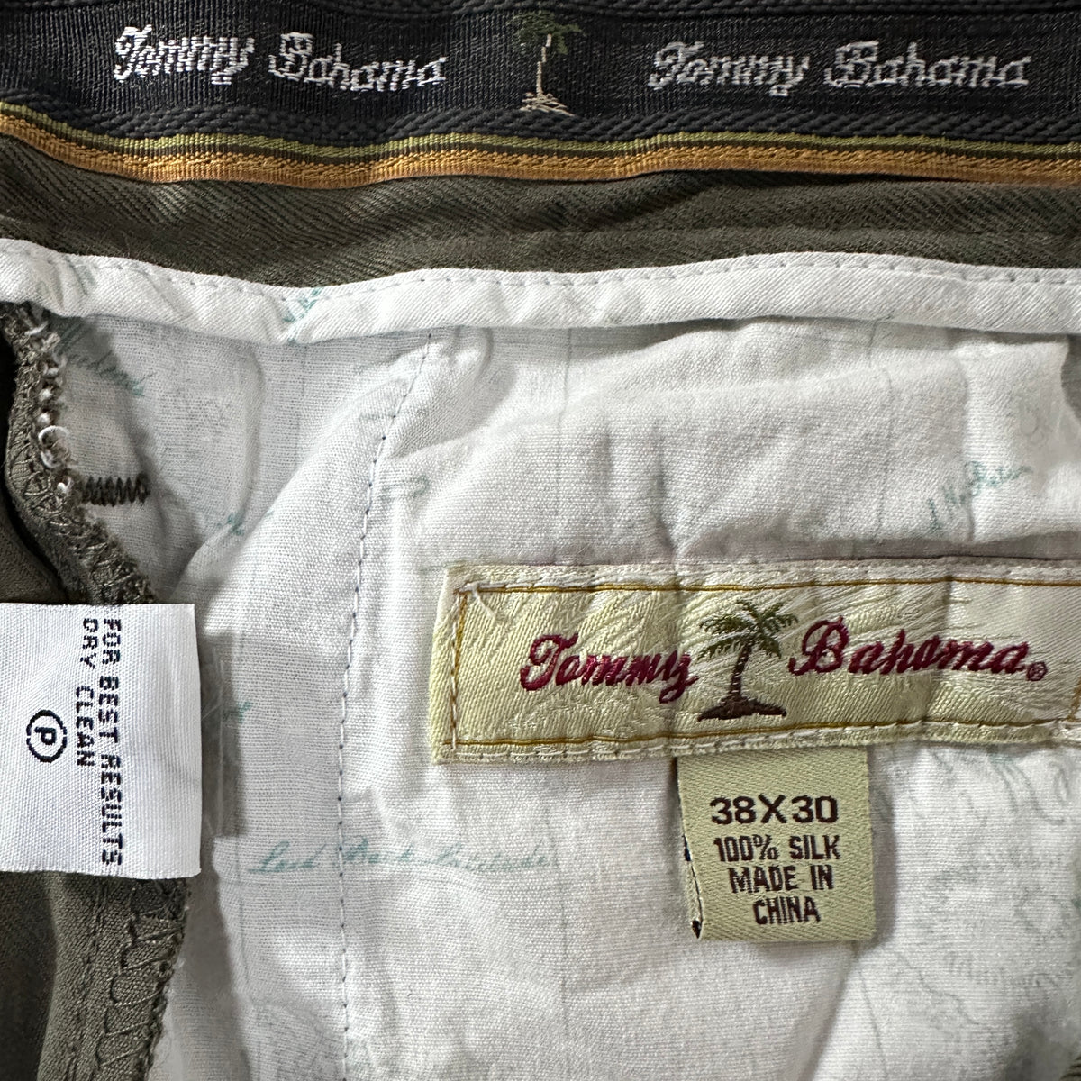 Tommy Bahama Olive 100% Silk Pleated Trousers Size 38x30