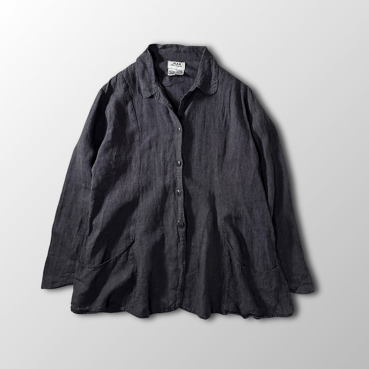 FLAX Black 100% Linen Round Collar Jacket Size L