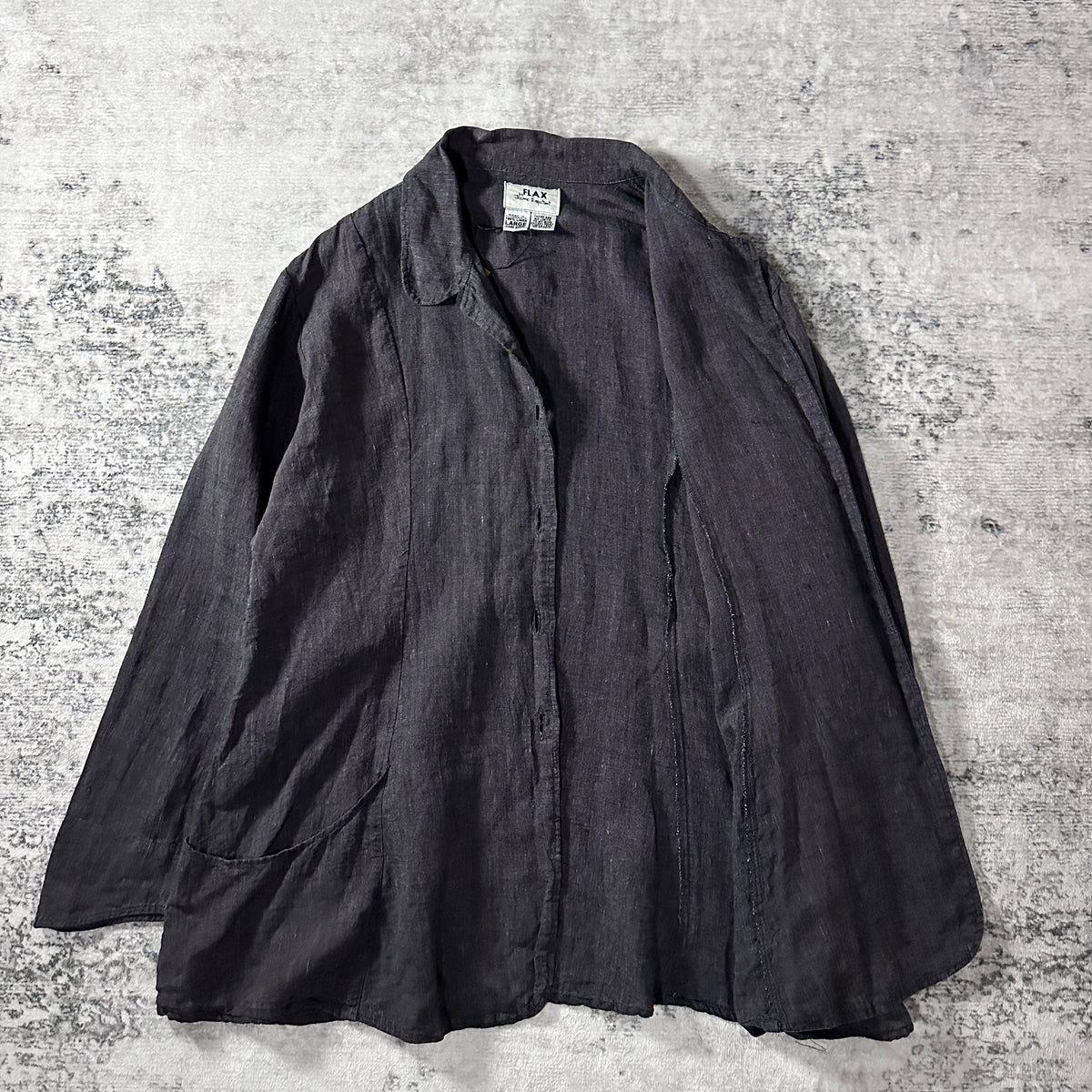 FLAX Black 100% Linen Round Collar Jacket Size L