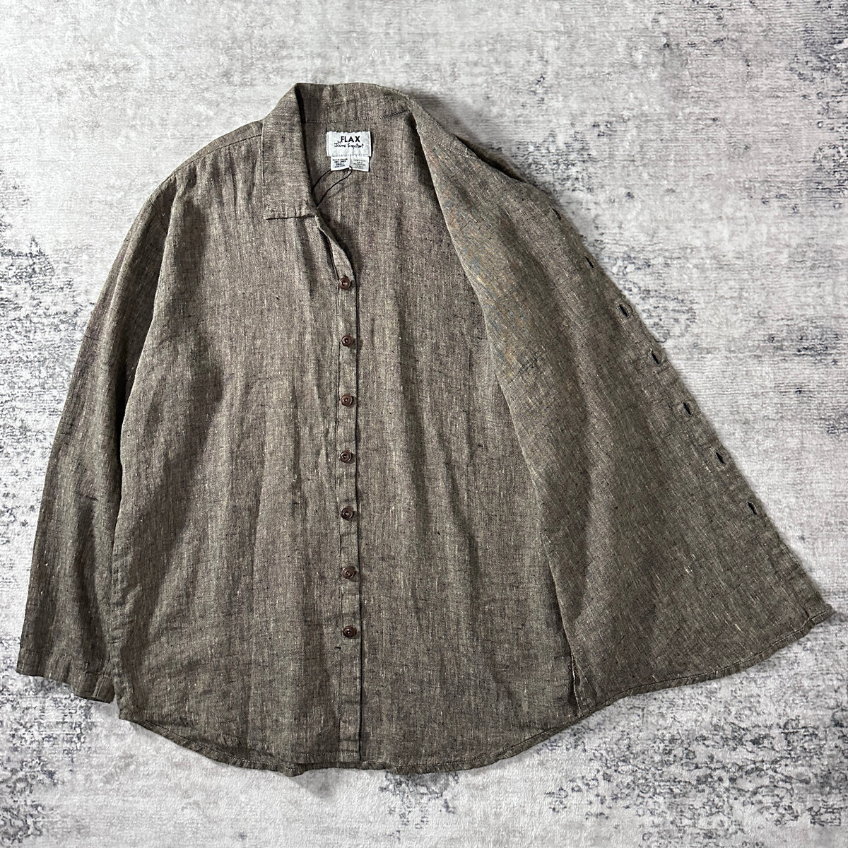 FLAX Brown 100% Linen Long Sleeve Shirt Size S (Fits L)