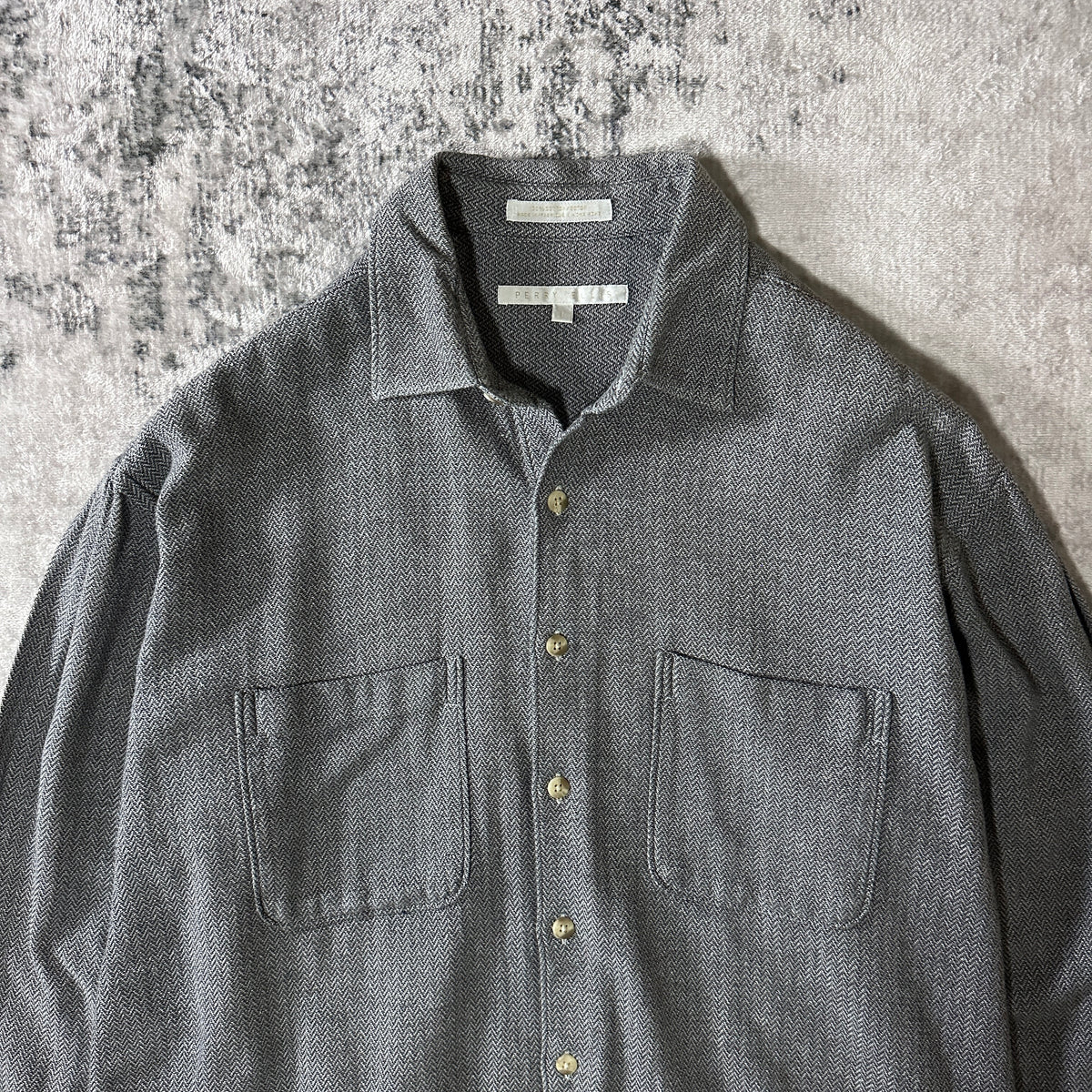 Perry Ellis Gray Herringbone 100% Cotton Shirt Size L
