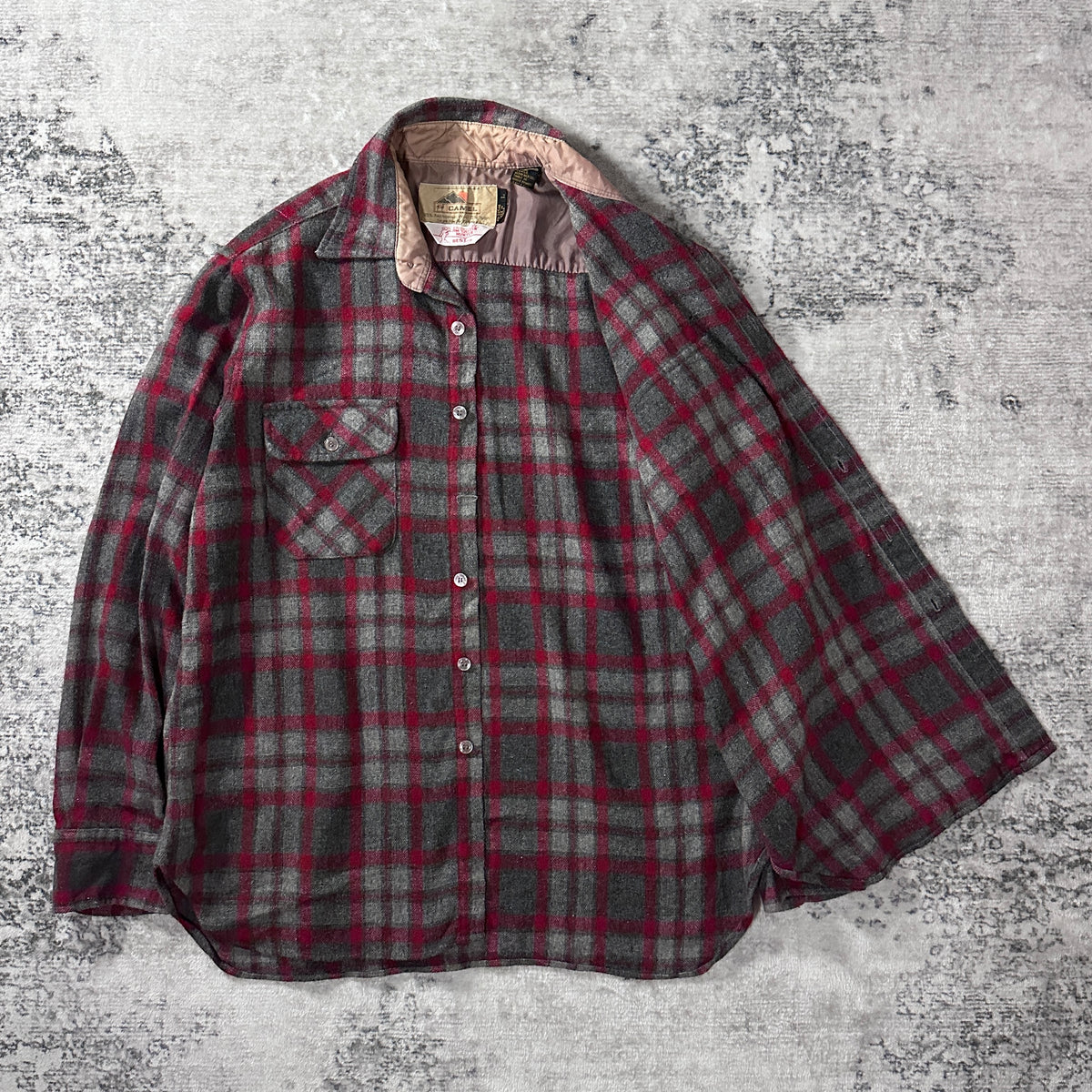 Camel Red Check Wool Loop Collar Shirt Size L