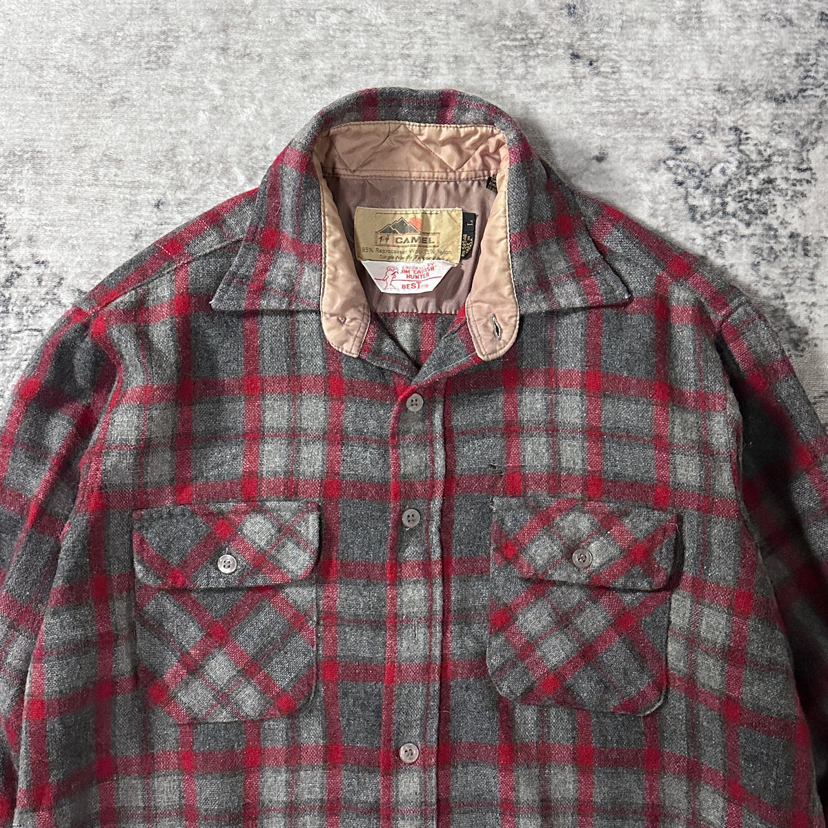 Camel Red Check Wool Loop Collar Shirt Size L