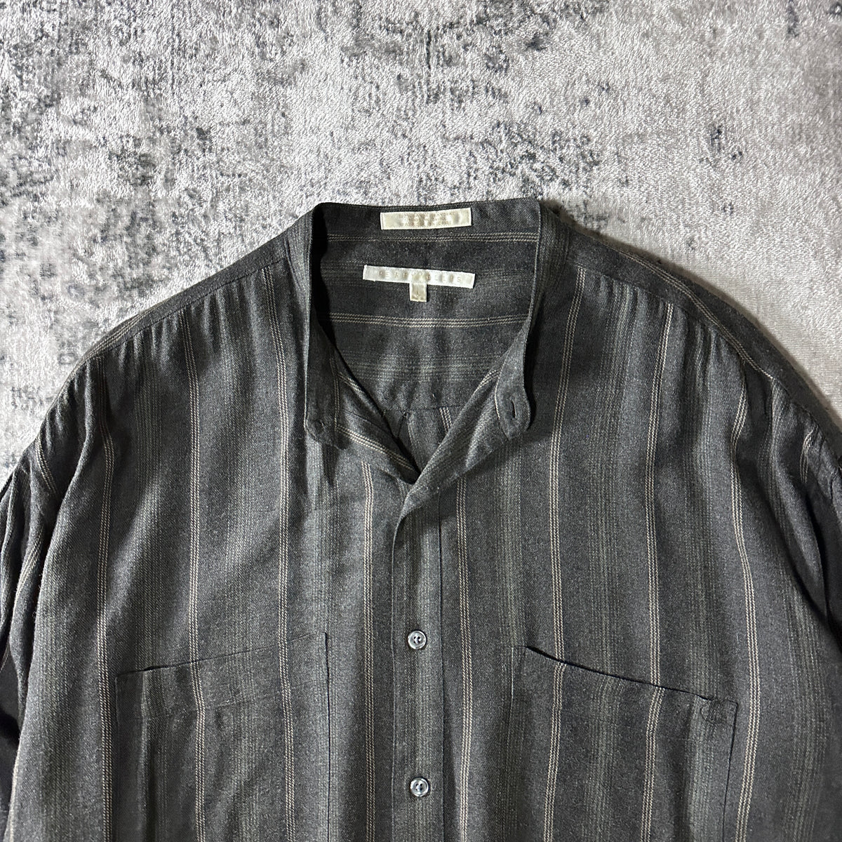 Perry Ellis Gray Stripe 100% Rayon Band Collar Shirt Size L