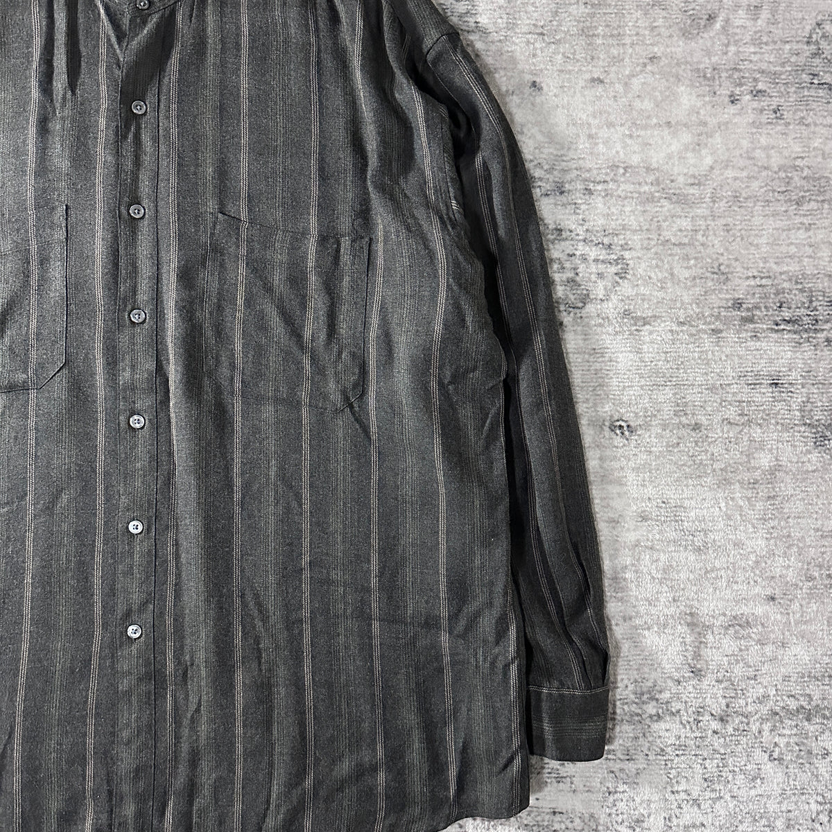Perry Ellis Gray Stripe 100% Rayon Band Collar Shirt Size L