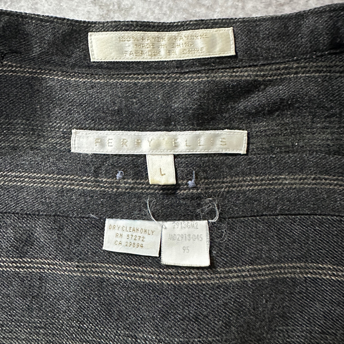 Perry Ellis Gray Stripe 100% Rayon Band Collar Shirt Size L