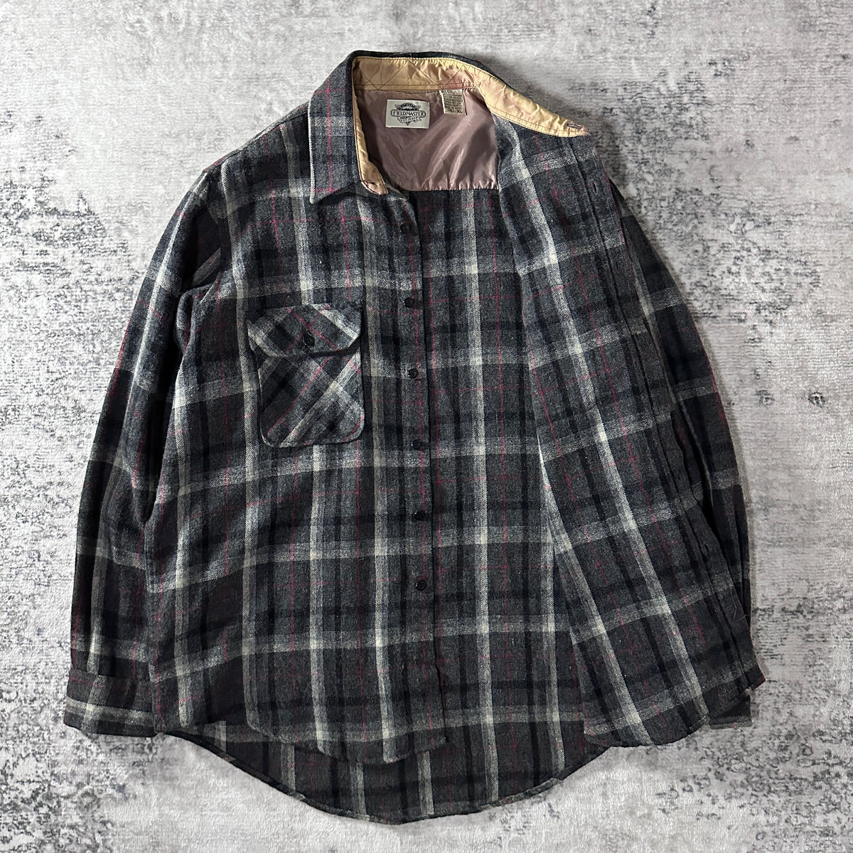 Fieldmaster Gray Check Wool Blend Heavy Flannel Shirt Size XL Tall