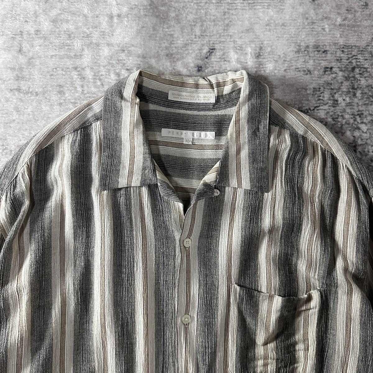 Perry Ellis Gray Stripe Rayon Linen Open Collar Short Sleeve Shirt Size XL