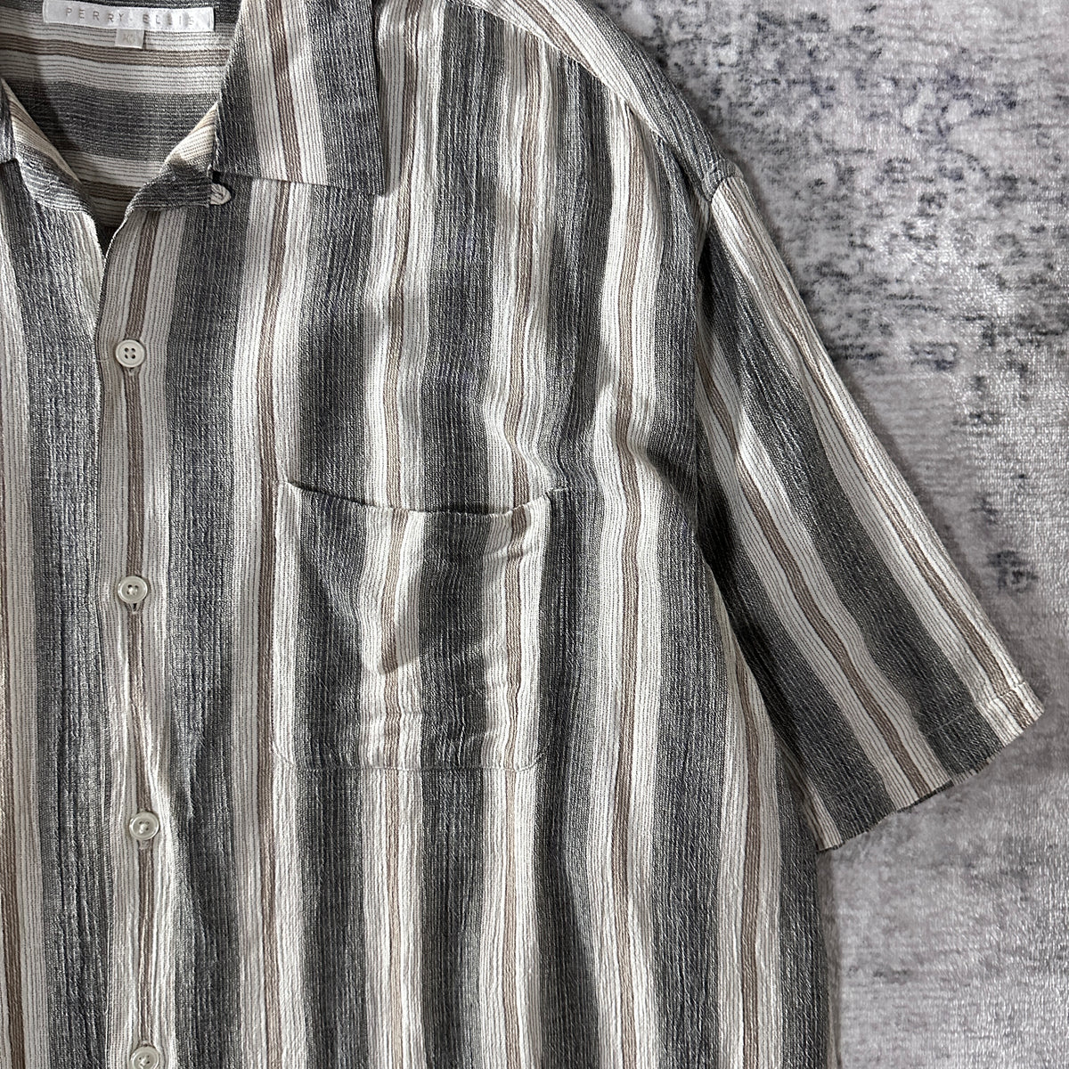 Perry Ellis Gray Stripe Rayon Linen Open Collar Short Sleeve Shirt Size XL