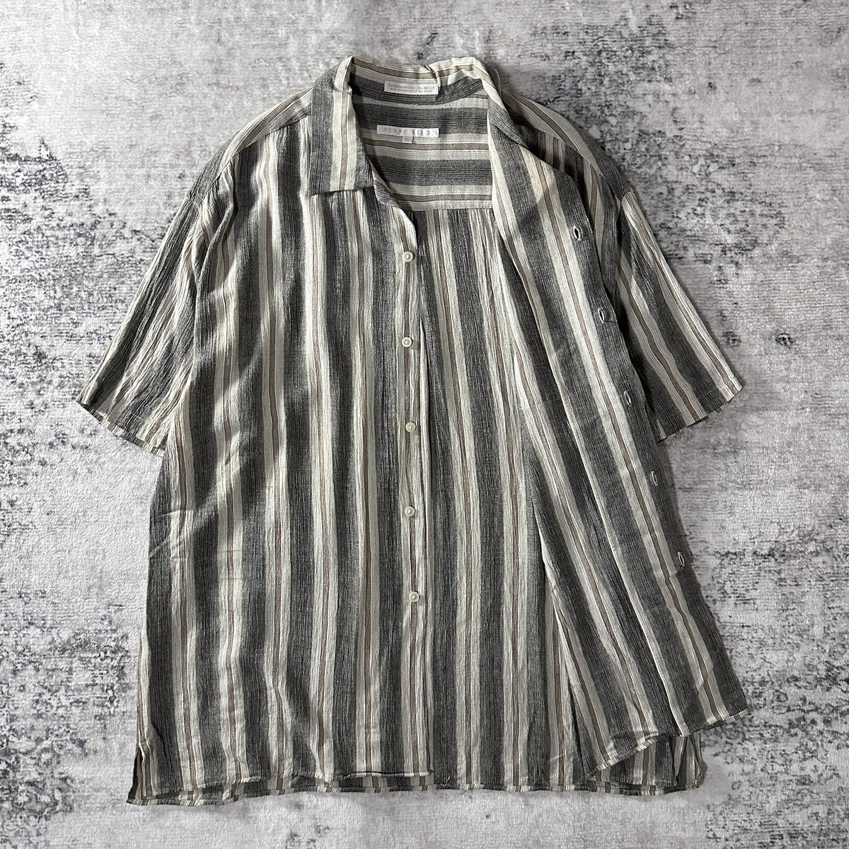 Perry Ellis Gray Stripe Rayon Linen Open Collar Short Sleeve Shirt Size XL