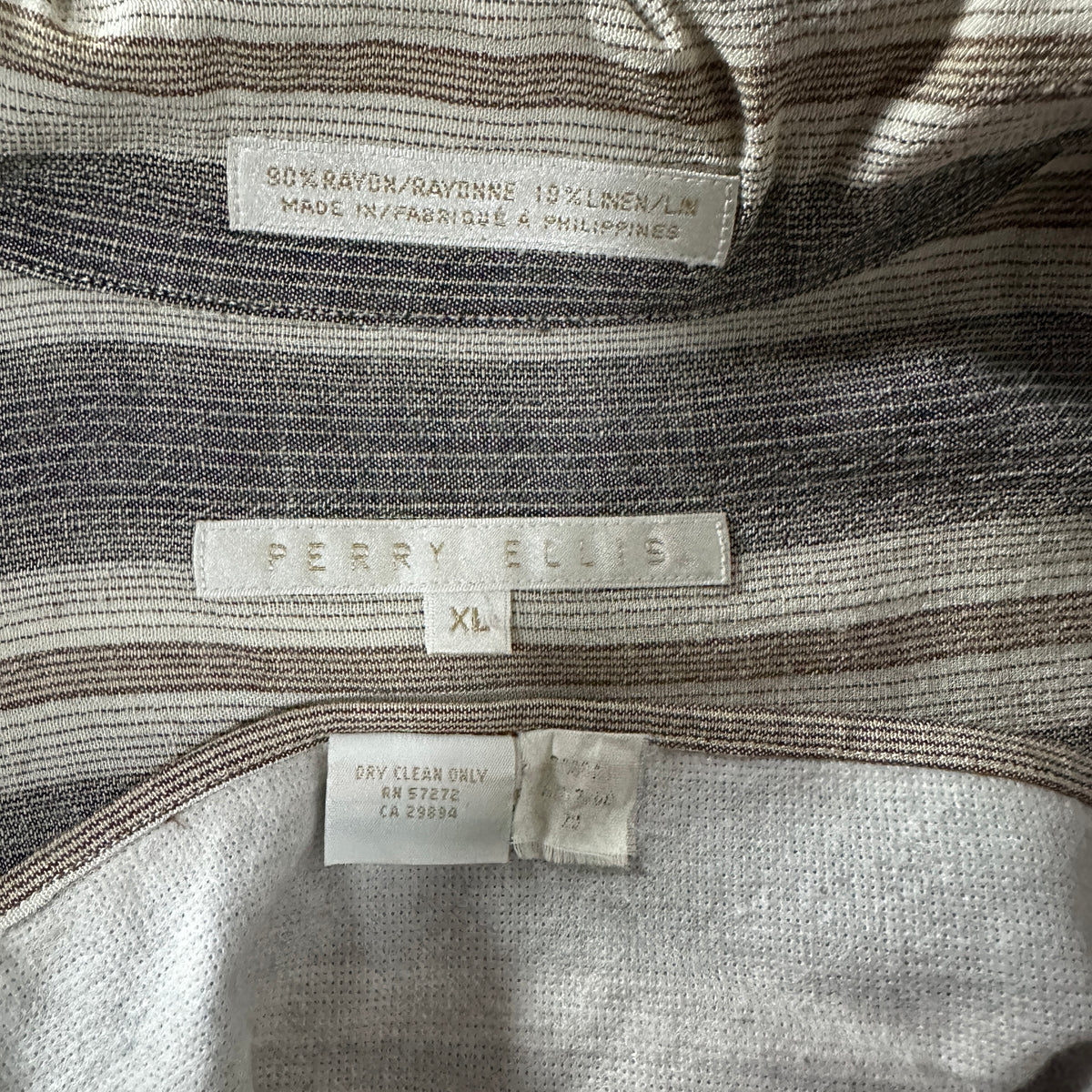 Perry Ellis Gray Stripe Rayon Linen Open Collar Short Sleeve Shirt Size XL