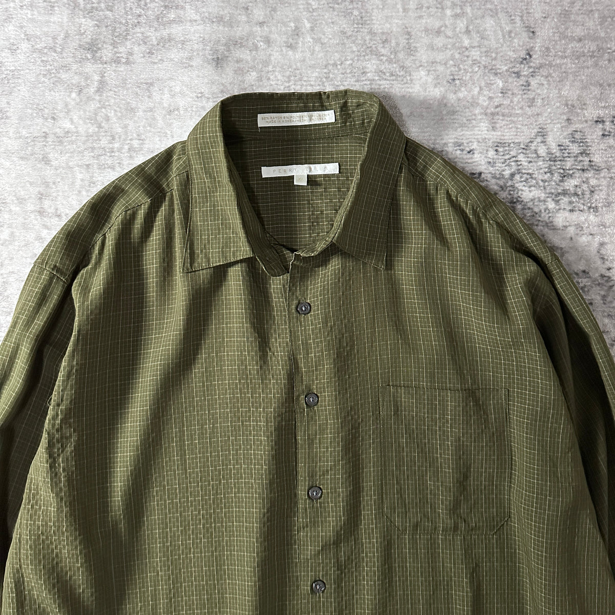 Perry Ellis Khaki Check Rayon Long Sleeve Shirt Size XL