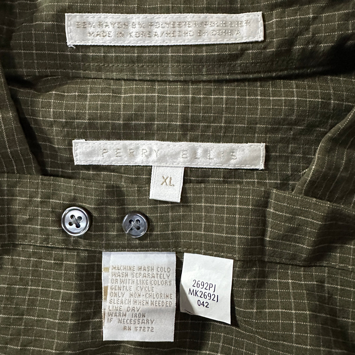 Perry Ellis Khaki Check Rayon Long Sleeve Shirt Size XL