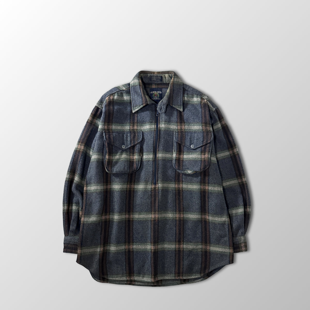 Salmon River Traders Gray Check Wool Blend Half Zip Flannel Shirt Size L