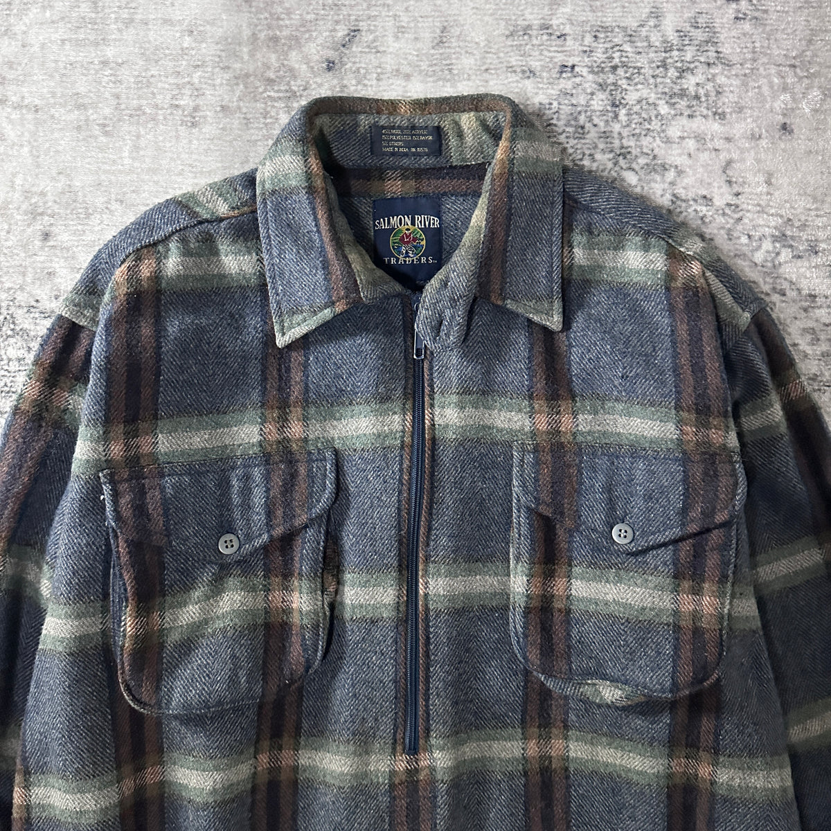 Salmon River Traders Gray Check Wool Blend Half Zip Flannel Shirt Size L