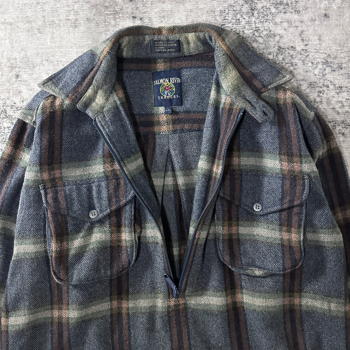 Salmon River Traders Gray Check Wool Blend Half Zip Flannel Shirt Size L