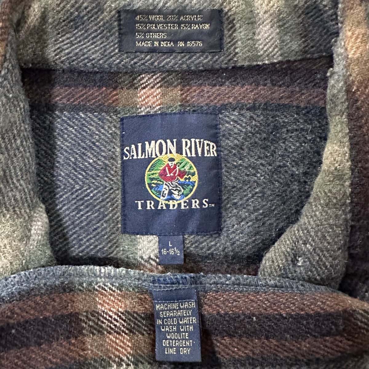 Salmon River Traders Gray Check Wool Blend Half Zip Flannel Shirt Size L
