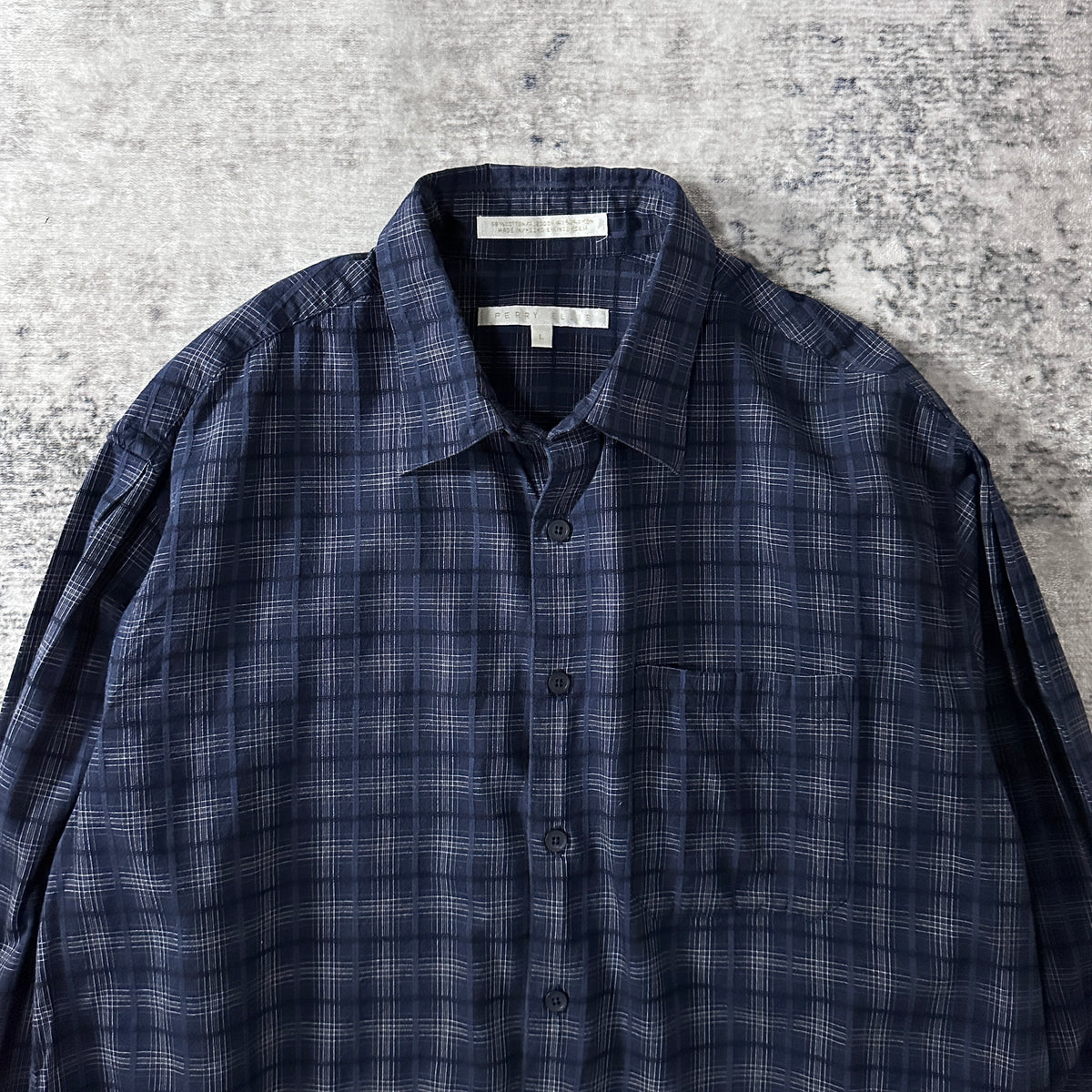 Perry Ellis Navy Check Cotton Rayon Long Sleeve Shirt Size L