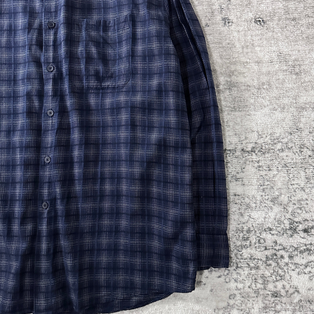 Perry Ellis Navy Check Cotton Rayon Long Sleeve Shirt Size L
