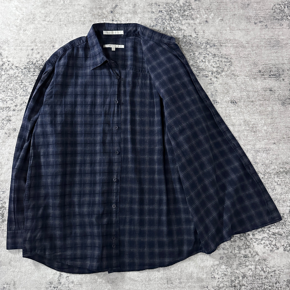 Perry Ellis Navy Check Cotton Rayon Long Sleeve Shirt Size L