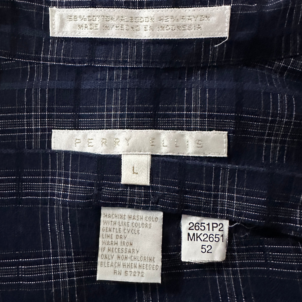 Perry Ellis Navy Check Cotton Rayon Long Sleeve Shirt Size L